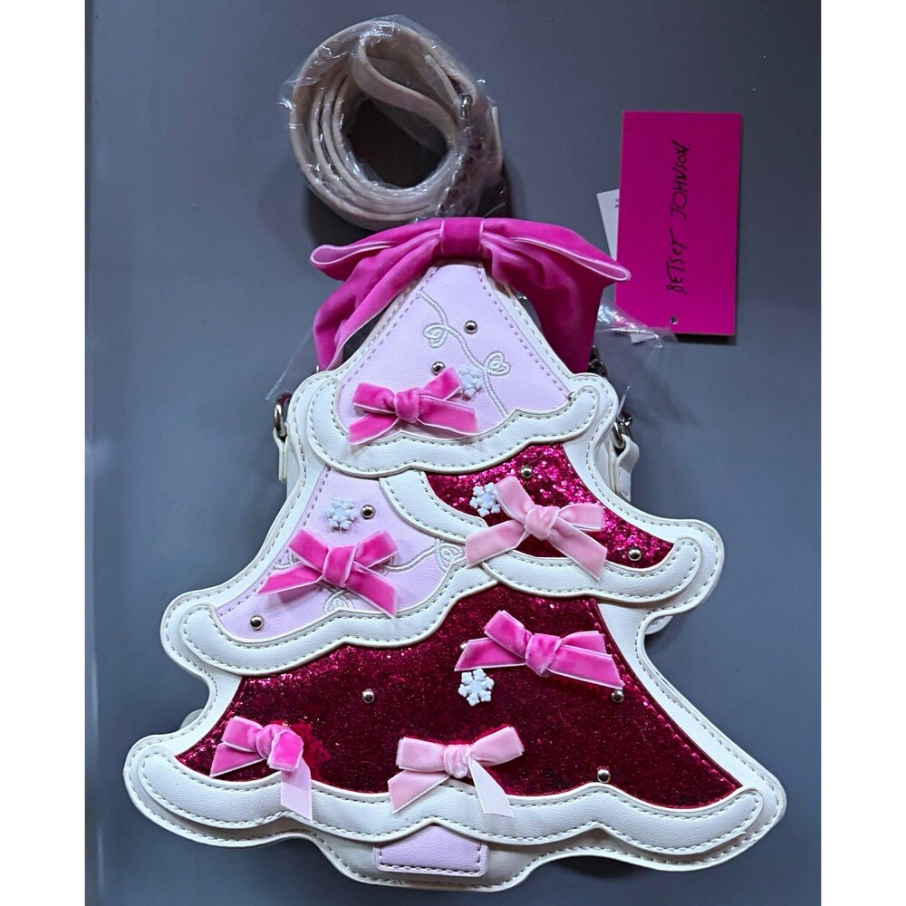 Betsey Johnson Pink/White Glitter Christmas Tree Crossbody Bag Zip Bow Chain NWT